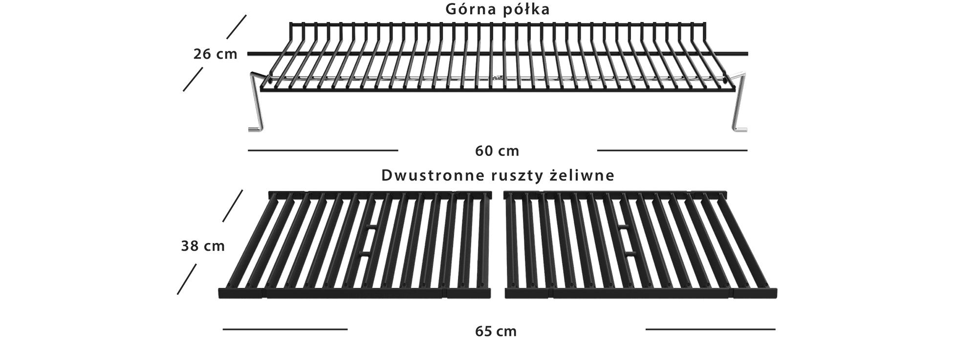 Wymiary górnej półki i rusztów Signet 390
